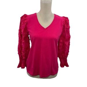 Chico’s Blouse 3D Applique Womens Small V Neck Pink 3/4 Sleeve